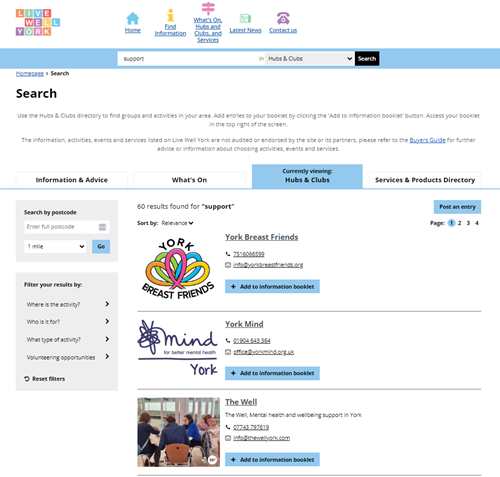 Screenshot of Live Well York Directory page